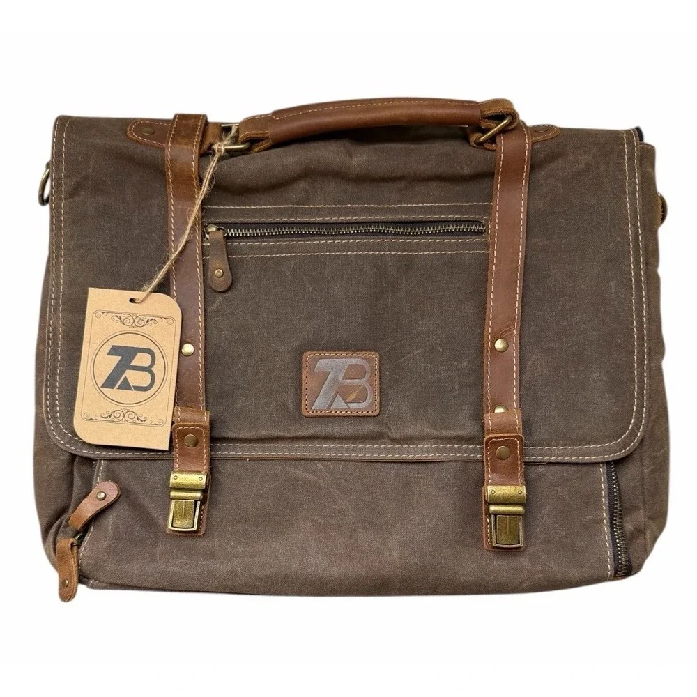 ZB Messenger Bag Canvas-‎ Leather- Waterproof- Adjustable Strap Brown